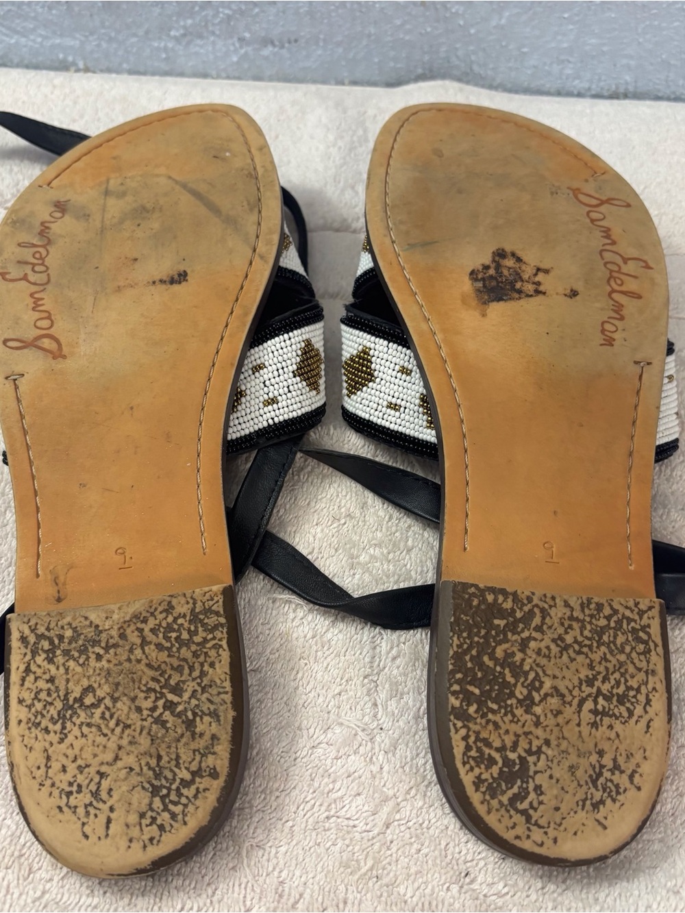 Sam Edelman Brown Leather Slide Sandals with White and Gold Beaded Straps - Picture 6 of 12